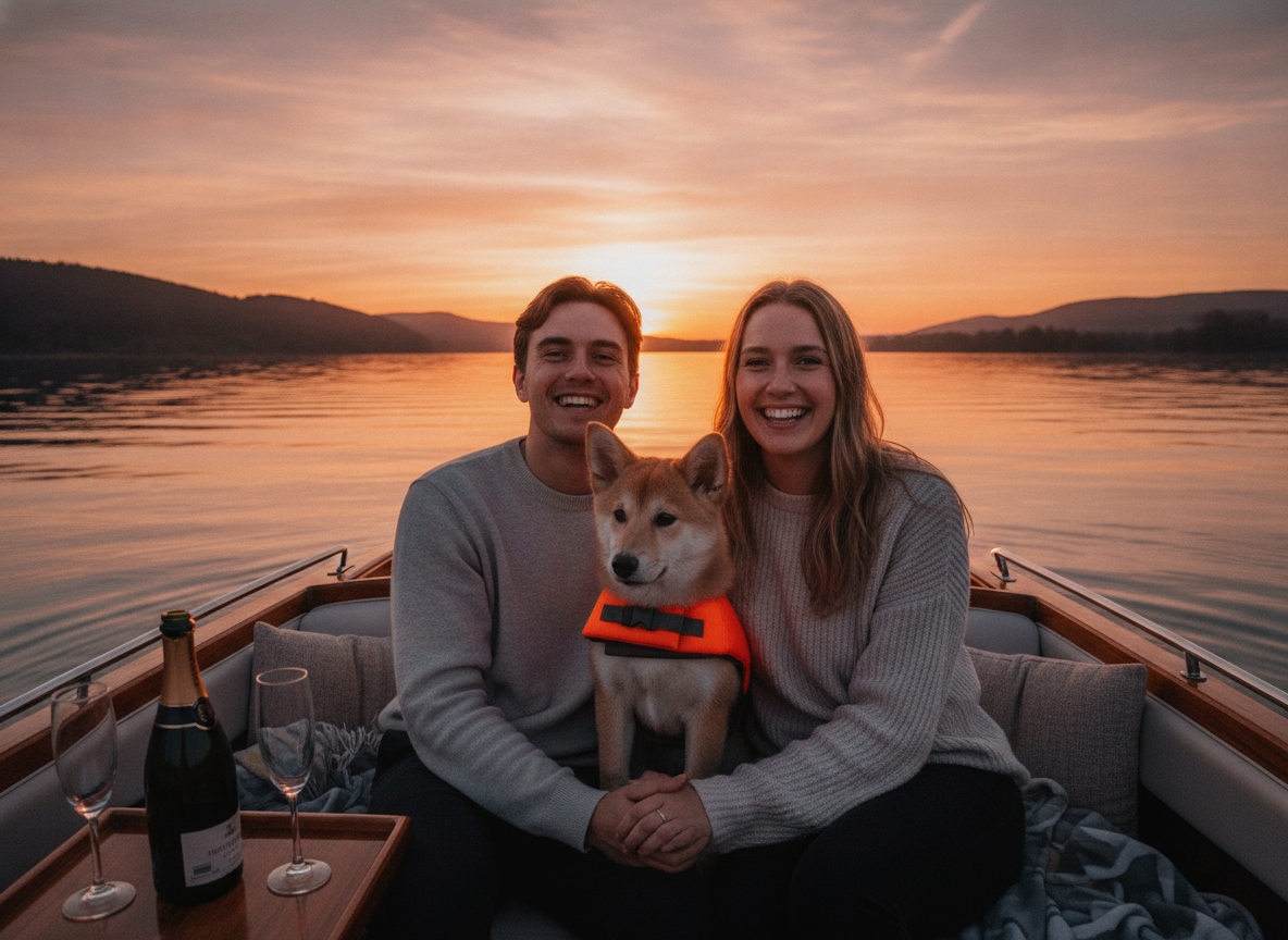 Para z psem podczas sunset cruise SURFLAB